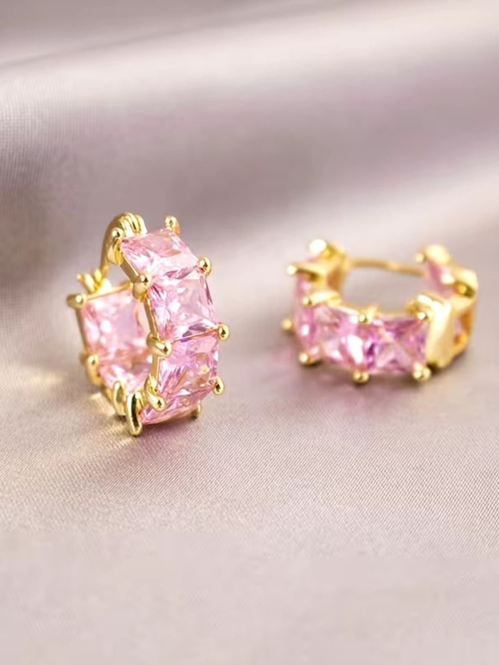 Gold Tone Pink Crystal Hoop Earrings - Women Jewelry
